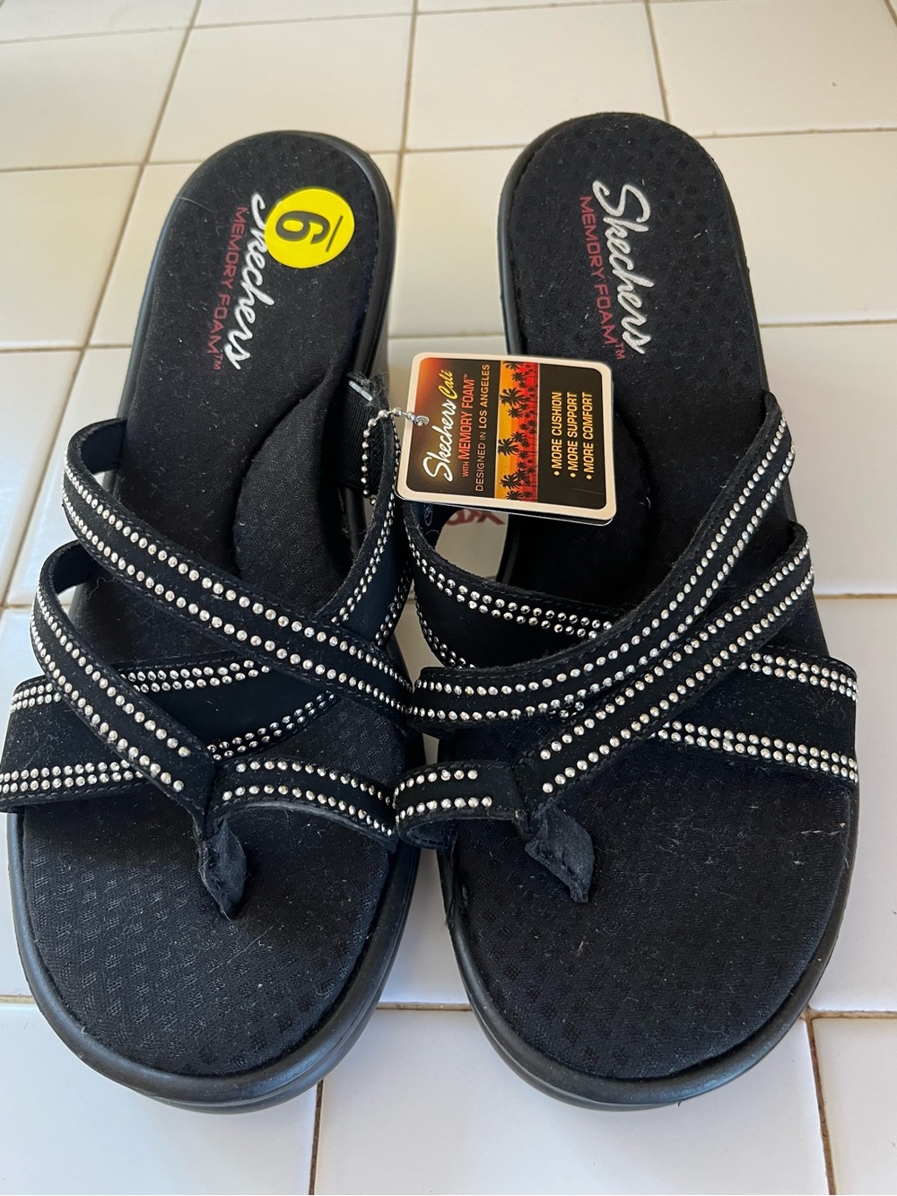 Skechers Black Strappy Slip-On Sandal with Rhinestone Trim - Women's